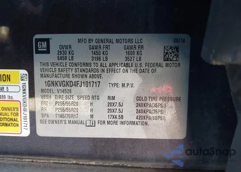 2015 Chevrolet Traverse 1Lt from USA, damaged, VIN 1GNKVGKD4FJ101717